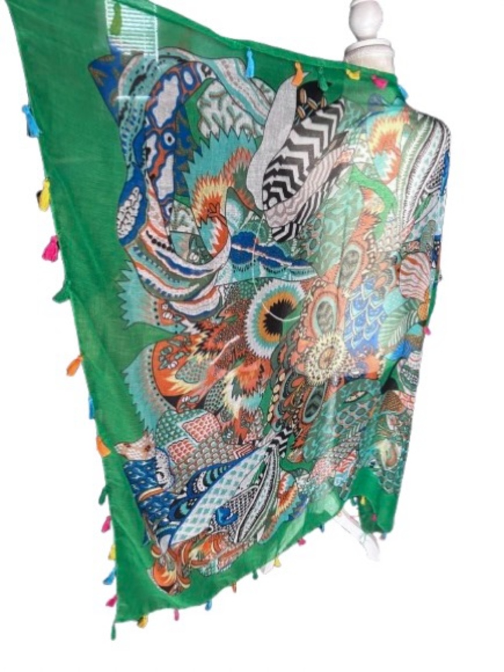 Vintage Multicolor Scarf Shawl Wrap Flo Tassels Boho Bohemian Sheer Flowers
